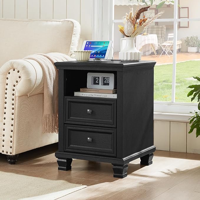 Farmhouse Side Table with Charging Station, Rustic Black Nightstand with Drawers, Bedside Table with Open Shelf for Bedroom, Black