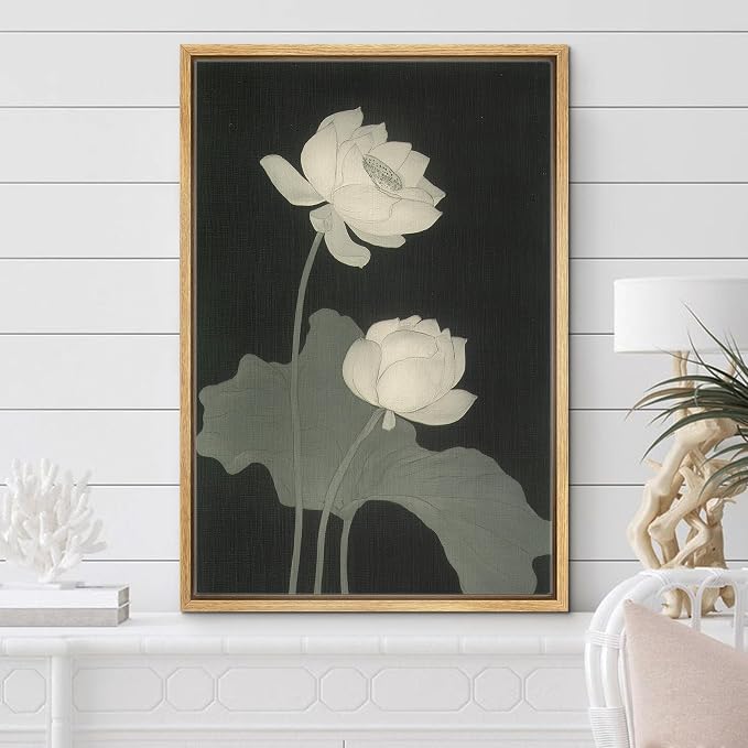 Woodrose Framed Canvas Print Wall Art Monochrome Lotus Blossoms Elegant Nature Illustrations Modern Art Minimalist 3D Colorful Ultra for Living Room, Bedroom, Office - 16"x24" NATURAL