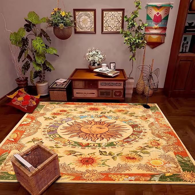 Ultra Thin Washable Mystical Rugs Stain Resistant, Sun and Moon 5x7 Area Rugs Non Slip - Retro Yellow Hippie Floral Throw Rugs for Living Room Bedroom Entryway, Trendy Indie Dorm Tapestry Rug