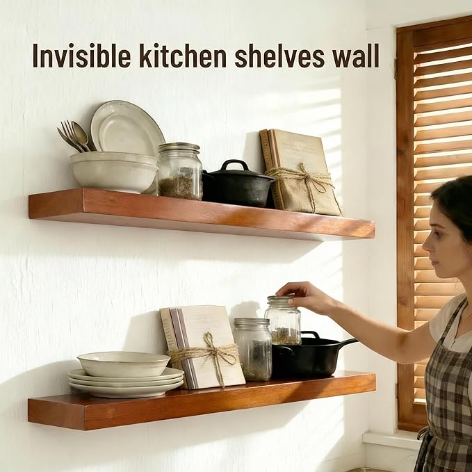 IEO Long Wooden Floating Shelves for Room Wall, Natural Wood Floating Shelves Wall Mounted Kitchen Shelf for Living Room, Bedroom, Kitchen,Bathroom, Storage (Honey Oak, 48in 2tier)