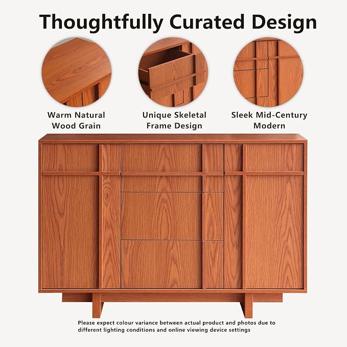 Sideboard Buffet Cabinet with Storage, 47.2" Large Sideboard with 2 Doors&3 Drawers, Mid Century Modern Credenza with Skeleton line&Wood Grain for Living Room, Kitchen and Entryway, Cherry
