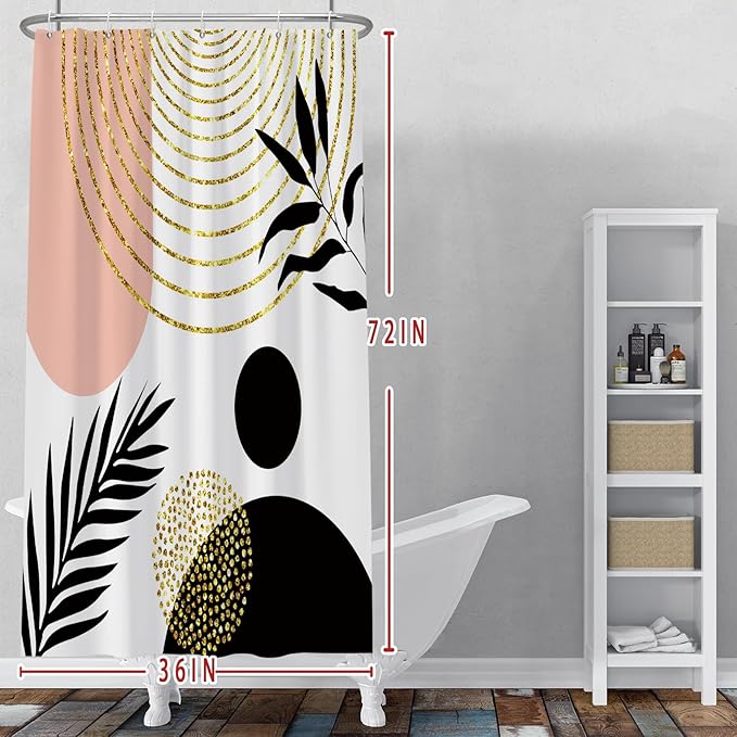 Baocicco Mid Century Shower Curtain Boho Sun Plant Leaves Modern Abstract Gold Geometric Shower Curtains for Bathroom Bathtubs Waterproof Fabric Shower Curtain with Hooks 36x72 Inches