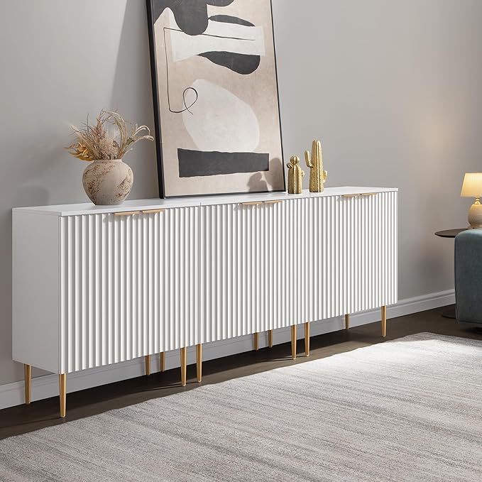 SICOTAS Sideboard Cabinet - 87'' Modern Accent Credenza Storage Cabinet Kitchen Fluted Sideboard with 6 Doors & Adjustable Shelves, Console Coffee Bar Table for Entryway Living Room Hallway, White