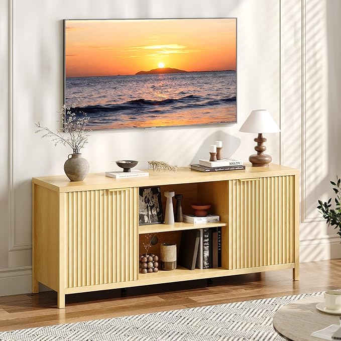 VINGLI 57.8" TV Stand for 70 Inch TV, Mid Century Modern Media Console with Adjustable Shelves and Cabinet Storage, Elegant Entertainment Center for Living Room, Oak