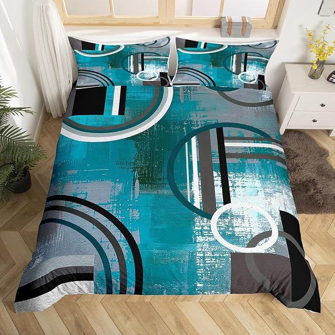 Teal Blue Green Gray Duvet Cover Queen,Grunge Oil Painting Style Bedding,Modern Geometric Swirls Comforter Cover,Abstract Circles Square Pattern Bedspread Cover with Zipper& Ties Bedroom Decor