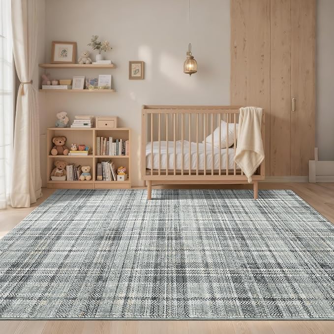 Washable Plaid Rug - Modern Farmhouse Green 6'x9' Non Slip Stain Resistant Carpet for Living Room, Bedroom, Dining Room, Office, Nursery