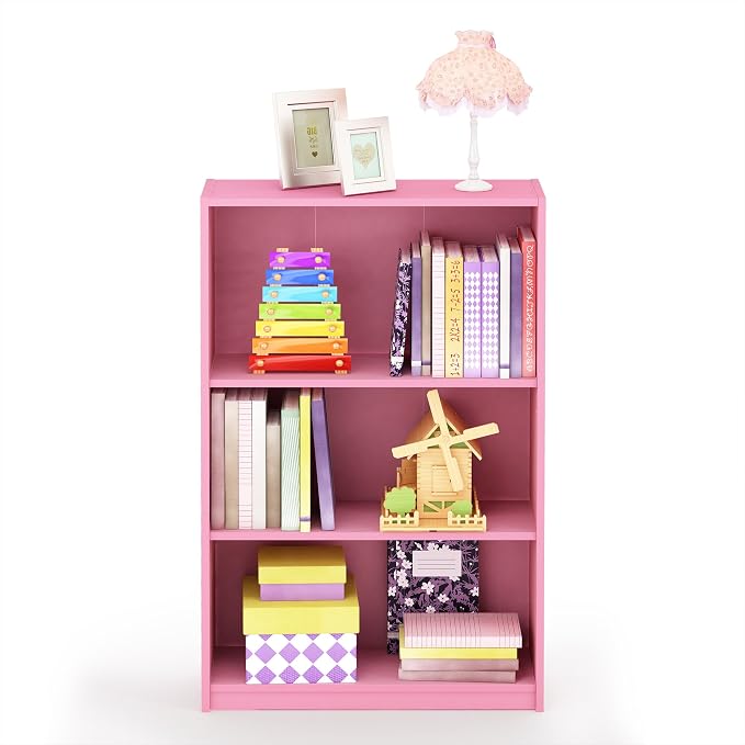 Furinno JAYA Book Shelf, 3-Tier Bookshelf, Bookcase with Adjustable Shelves, 9.5 x 24.5 x 40.3, for Organization and Storage, for Living Room, Bedroom, Home Office, Pink