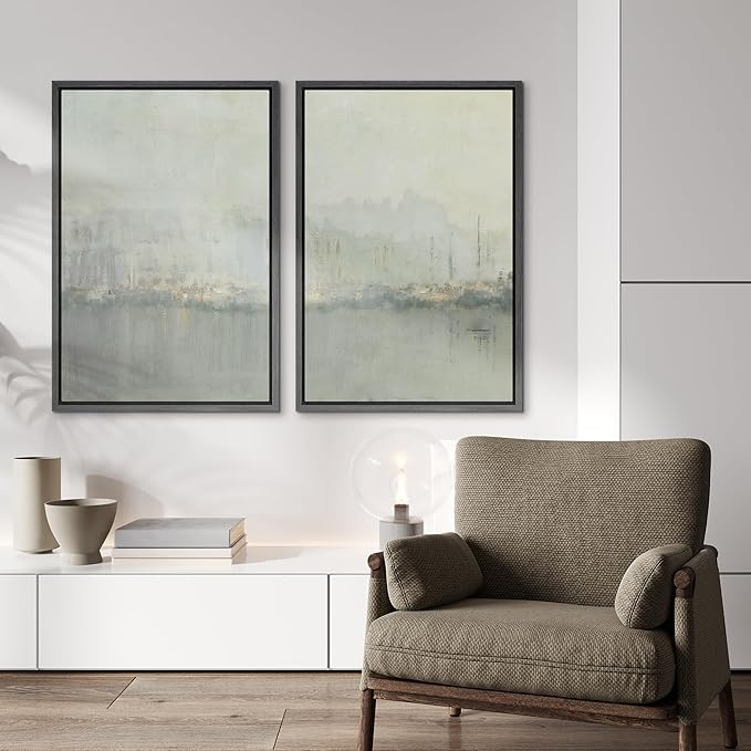IDEA4WALL Framed Canvas Print Wall Art Set Abstract Skyline Cityscape Art in Muted Gray and Soft Blue Tones Illustrations Modern Art Decorative Coastal Cottage Seascape for Bedroom - 16"x24"x2 Black