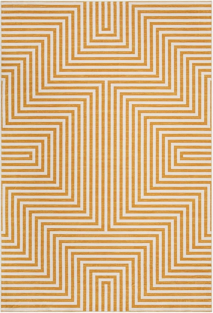 8x10 Washable Large Rug for Living Room Neutral Modern Geometric Lines Rugs for Dining Kids Room Playroom Low Pile Soft Bedroom Carpet Thin Foldable Modern Abstract Rug, Orange Yellow
