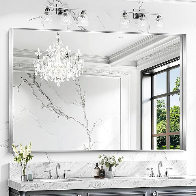 CIRCUMI Silver Bathroom Mirror, 40"x60" Rectangular Mirror with Deep Metal Frame, Brushed Finish, Tempered Glass, Large Mirror for Wall, Over 2 Sinks, Installed Vertically/Horizontally, Crystal-Clear