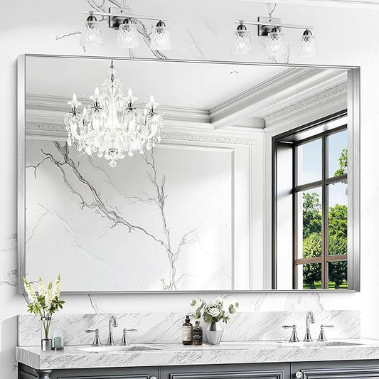CIRCUMI Silver Bathroom Mirror, 40"x60" Rectangular Mirror with Deep Metal Frame, Brushed Finish, Tempered Glass, Large Mirror for Wall, Over 2 Sinks, Installed Vertically/Horizontally, Crystal-Clear