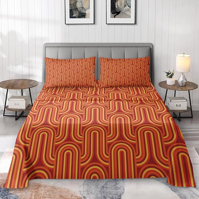 Pamnest Full Size Bed Sheet Sets, 70S Vintage Geometric Soft Microfiber 4 Pcs Bedding Sets for Kids and Adults Bedroom Bed Decor, Mid Century Yellow Flat, Fitted Sheet and 2 Pillowcases