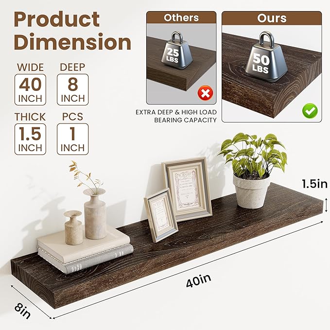 Extra Deep 40" Long Rustic Solid Wood Floating Shelves for Wall, Wall Shelves with Invisible Bracket for Living Room Bathroom Bedroom Kitchen, Set of 1, Walnut