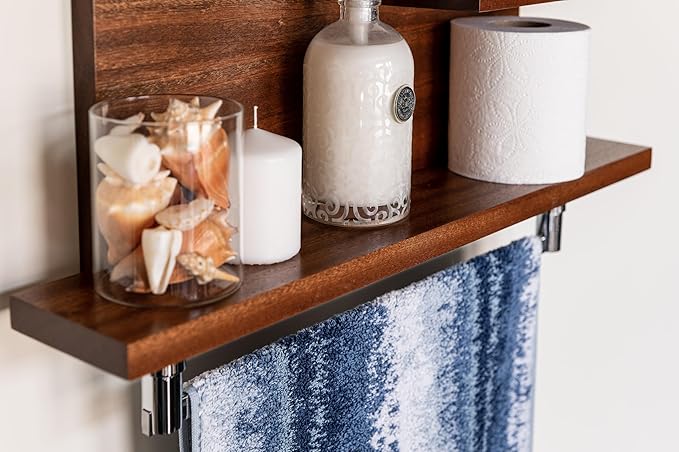 Straga Rustic Wall Mounted Bathroom Shelves - 23" Hardwood Shelf Organizers with 18" Towels Holder - A Modern Addition To Your Bathroom, Powder Room, Guest Bathroom and More (Mahogany)