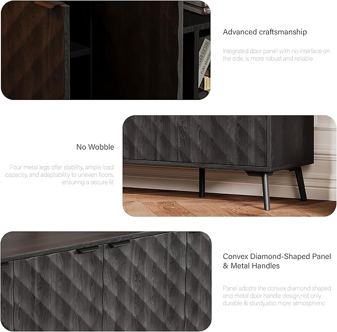 62'' Diamond Flute Sideboard Buffet Cabinet, Diamond Shaped Relief Storage Cabinet with Adjustable Shelves, Accent for Living Room, Entryway,Hallway (Advanced Black Wood Grain)