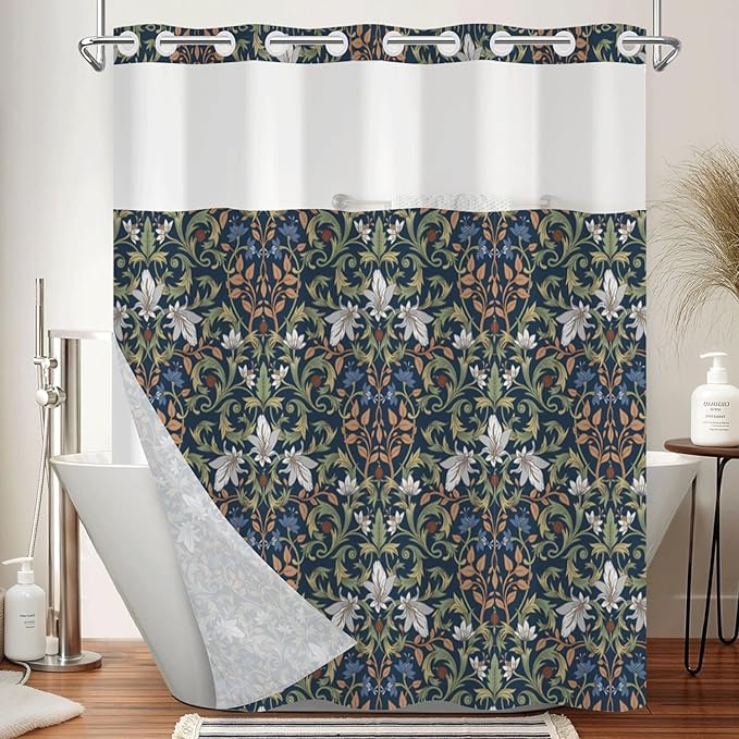 No Hook Shower Curtain and Snap in Liner Set - Vintage William Morris Floral Botanical Pattern Shower Curtains for Modern Farmhouse Bathroom, Mesh Top Waterproof Bath Curtain, 71Wx74H