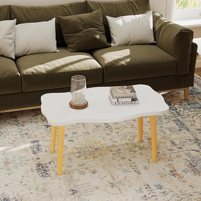 Cookie Coffee Table Low Table with 4 Solid Wood Sturdy Legs,Floor Table Desk for Sitting on The Floor,19.7"D x 31.5"W x 16"H Inches,Living Room/Toy room Furniture,Rental house Furniture(White)