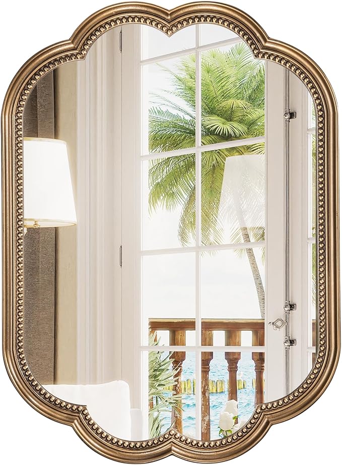 Scalloped Gold Mirror, 23" x 35" Gold Beaded Mirror Vanity, Antique Brass Oval Wooden Large Flower Mirror for Over Sink, Bathroom, Bedroom, Living Room, Fireplace, Entryway