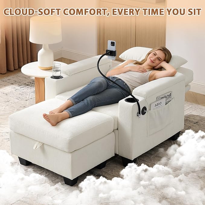 Oversized Chaise Lounge Chair Indoor, Single Convertible Recliner Reading Arm Sofa Chair W/Adjustable Backrest & Charging Port Couch Bed for Living Room, Home Theater & Bedroom, Beige
