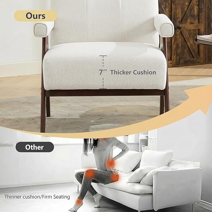 AODAILIHB White Mid Century Modern Accent Chair, Solid Wood Frame White Linen Armchairs, Modern Reading & Living Room Chairs for Office Guest & Waiting Room