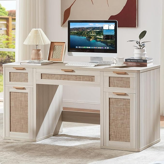 LEYAOYAO 56'' Rattan Farmhouse Executive Desk with Drawers, Wood Home Office Desk with File Cabinet and Metal Handles, Large Vintage Computer Desk for Home, Bedroom, Living Room （Grey）