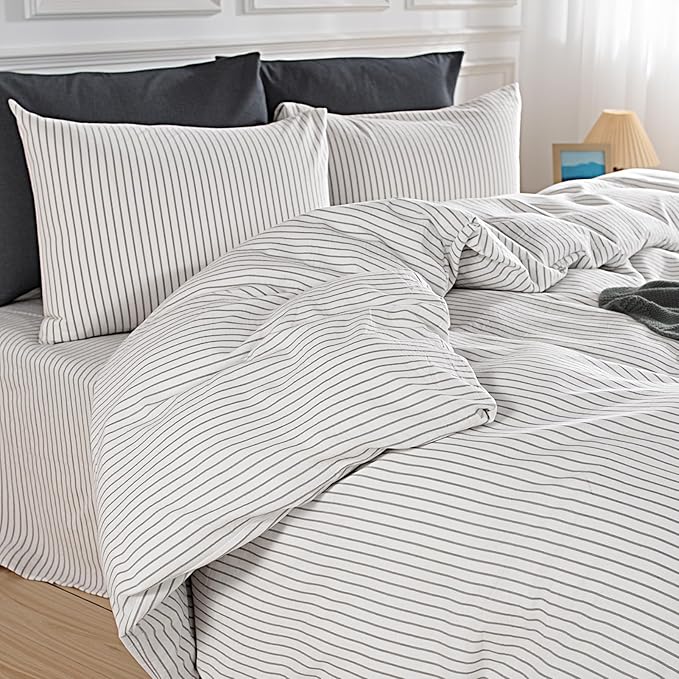 NEXHOME PRO Striped Duvet Cover King Size,100% Washed Cotton Bedding Set,Textured Linen Feel,Breathable,Organic,3 Piece(Grey Stripes 104x90)