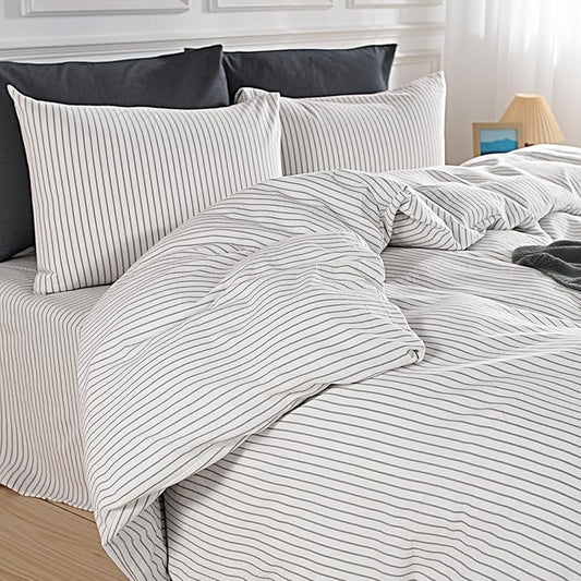 NEXHOME PRO Striped Duvet Cover King Size,100% Washed Cotton Bedding Set,Textured Linen Feel,Breathable,Organic,3 Piece(Grey Stripes 104x90)