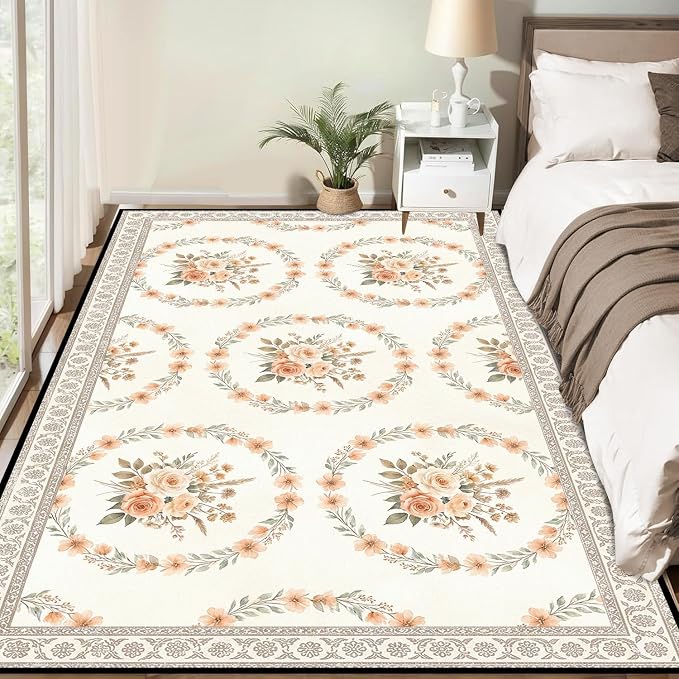 5'x7' Boho Floral Area Rug Vintage Peach Rose Carpet Non-Slip Washable Floor Mat Neutral Aesthetic Botanical Rug for Bedroom Living Room Nursery Kitchen Playroom Home Decor