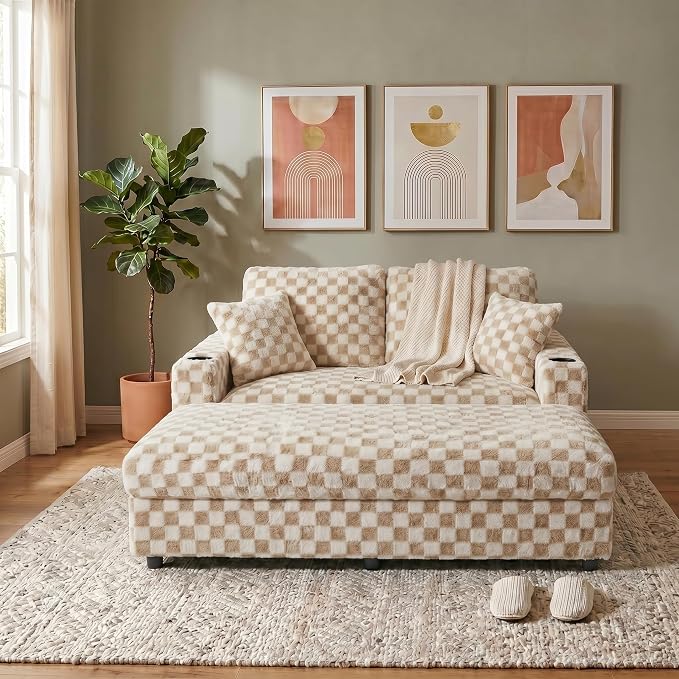 Eafurn Modern Oversized Chaise Lounge Chair with Integrated Ottoman, Corduroy Upholstered Deep Seat Sleeper Armchair with Power Charging Ports and Cup Holders, Cozy Accent Furniture for Living Room