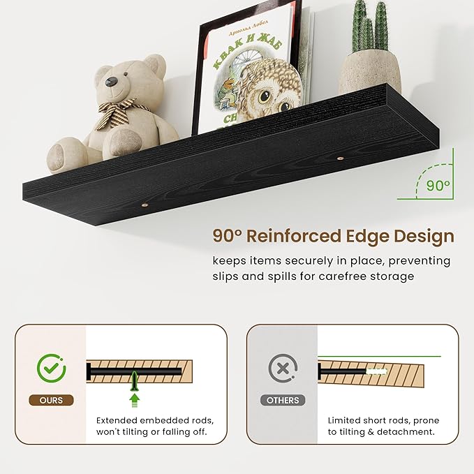 36in Floating Shelves for Wall, 36"W x 9.25"D x 1.25"H, 2 Pack Long Wall Mounted Engineered Wood Shelves with Invisible Brackets for Living Room, Bedroom, Bathroom, Kitchen Decor and Storage, Black