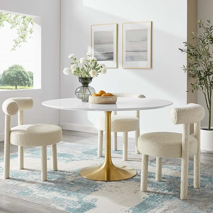 Modway Lippa 54" Mid-Century Modern Dining Table with Round White Top in Gold White