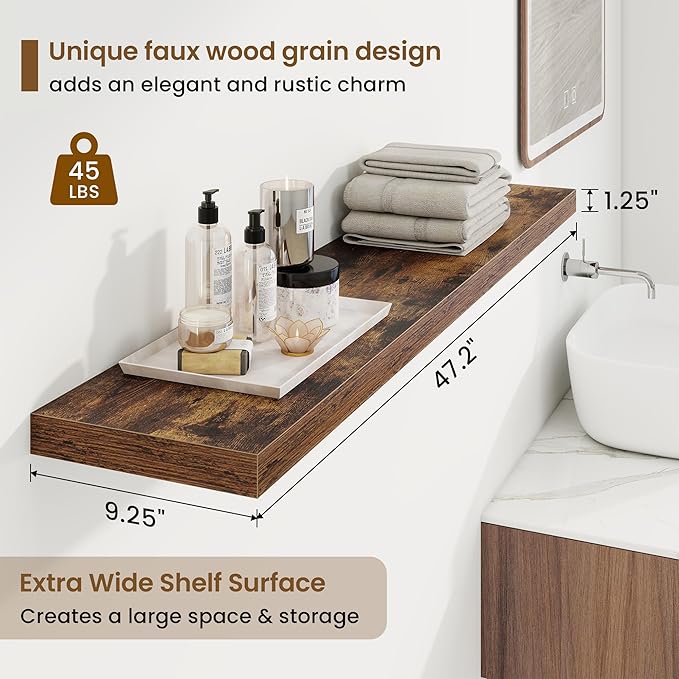 Marsmiles 48in Floating Shelves for Wall, 48" W x 9.25" D x 1.25" H, 2 Pack Long Wall Mounted Engineered Wood Shelves with Invisible Brackets for Living Room, Bedroom, Bathroom, Kitchen, Rustic Brown