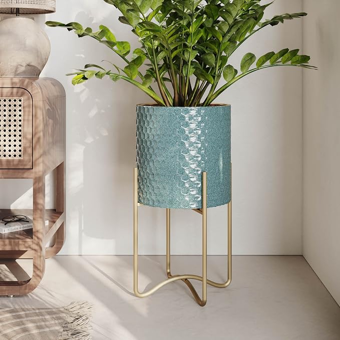 EverNest Mid-Century Modern Rhys Honeycomb Embossed Planter Pot with Ambrose Stand, Metal Indoor Plant Pots, Blue Green Bohemian Style (Small 1 Gallon)