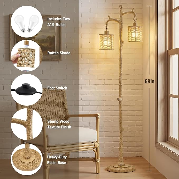 EJIAXIN Floor Lamp for Living Room - 69" Farmhouse Tree Trunk Standing Lamps - Country Resin Tall Lamp with 2 Rattan Lampshade - Rustic Floor Lamp for Bedroom Office Home Decor