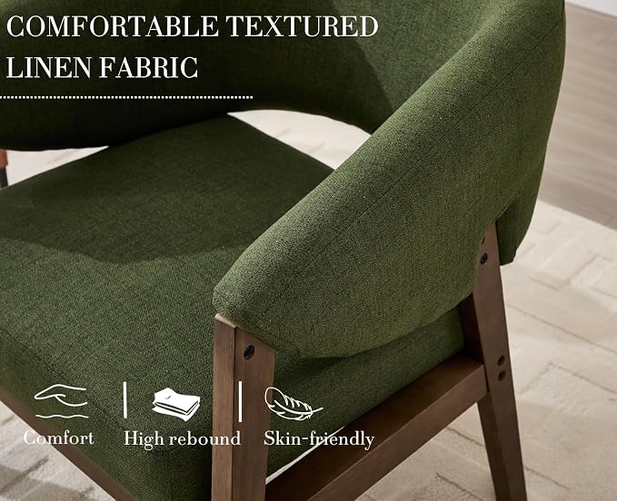 CIMOTA Mid-Century Modern Accent Chairs Set of 2, Comfy Barrel Armchairs with Wide Seat, Upholstered Lounge Chairs with Walnut Wood Legs for Living Room/Reading Corner, Linen Fabric, Deep Green, 2PCS
