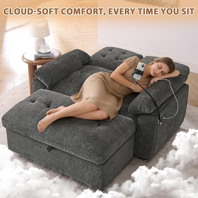 Oversized Chaise Lounge Chair Indoor, Double Convertible Recliner Reading Arm Sofa Chair W/Adjustable Backrest & Charging Port Couch Bed for Living Room, Home Theater & Bedroom, Grey