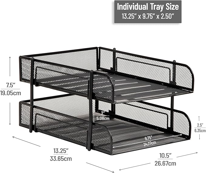 Mind Reader 2-Tier Stackable Paper Tray, Metal Mesh Desk Organizer for Files, Documents, and Mail, Office Desktop Storage, Set of 2, Black