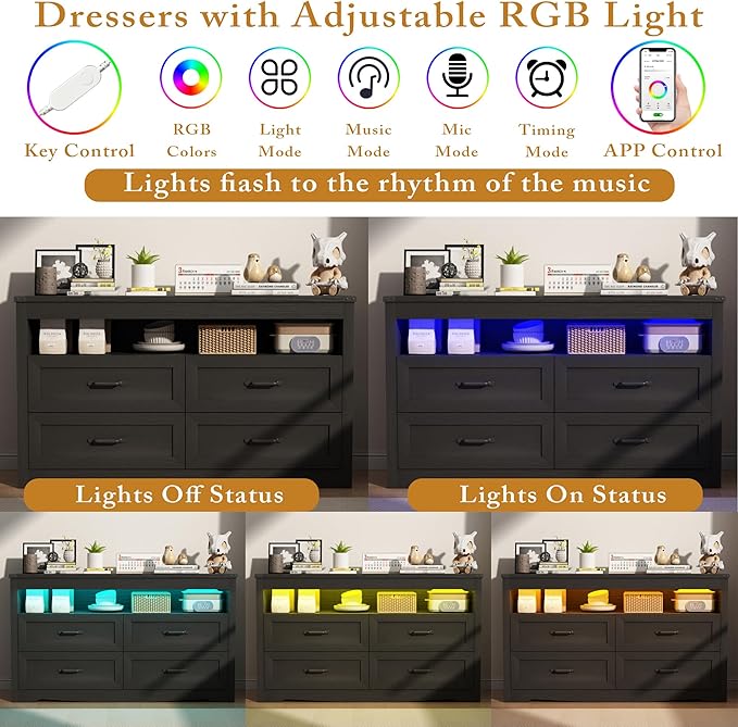 Black Dresser for Bedroom, Wood 4 Drawer Dresser with LED Light, Dressers & Chests of Drawers with Metal Handles, Storage and Organization for Bedroom, Hallway, Entryway