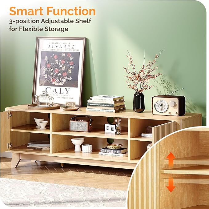 VINGLI 58.6" TV Stand for 70 Inch TV, Mid Century Entertainment Center with Fluted Sliding Doors and Open Storage, Elegant Media Console for Living Room, Oak