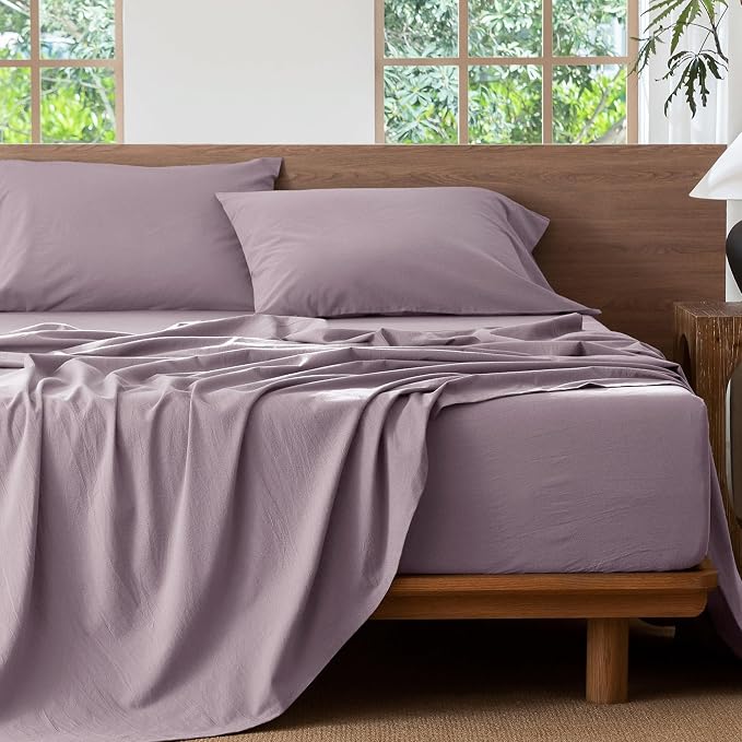 MooMee Bedding Sheet Set 100% Washed Cotton Linen Like Textured Breathable Durable Soft Comfy (Solid Taro Purple, Queen)