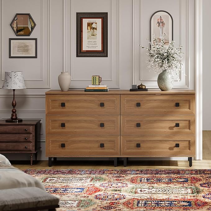 Modern Drawer Dresser for Bedroom with 6 Drawers, 2 in 1 Chest of Drawers with Organizer Storage for Bed Room,Livingroom Hallway Oak