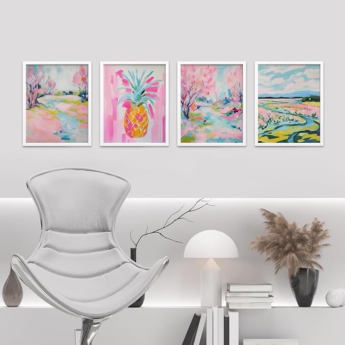 SIGNWIN Framed Vibrant Landscape and Pineapple Colorful Preppy Room Decor Pink Decor Digital Art Modern Art Decorative Multicolor Scenic for Bedroom - 11"x14"x4 White