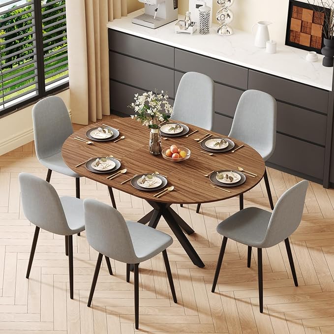 Round Dining Table Set for 6, 43-59" Extendable Dining Room Table Set, Walnut Wood Grain Table and 6 Light Gray Linen Upholstered Chairs Set, Mid Century Modern Kitchen Table Set with Cross Legs