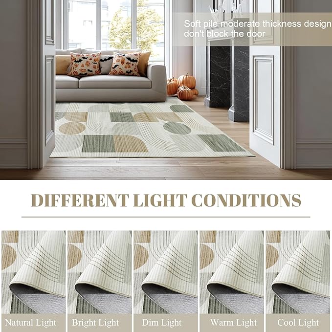 Large Machine Washable 4x6 Area Rug, Soft Modern Geometric Abstract Beige Rugs for Bedroom Living Room, Non-Shedding Faux Wool Indoor Throw Floor Carpet for Office Entryway Dining Room Decor