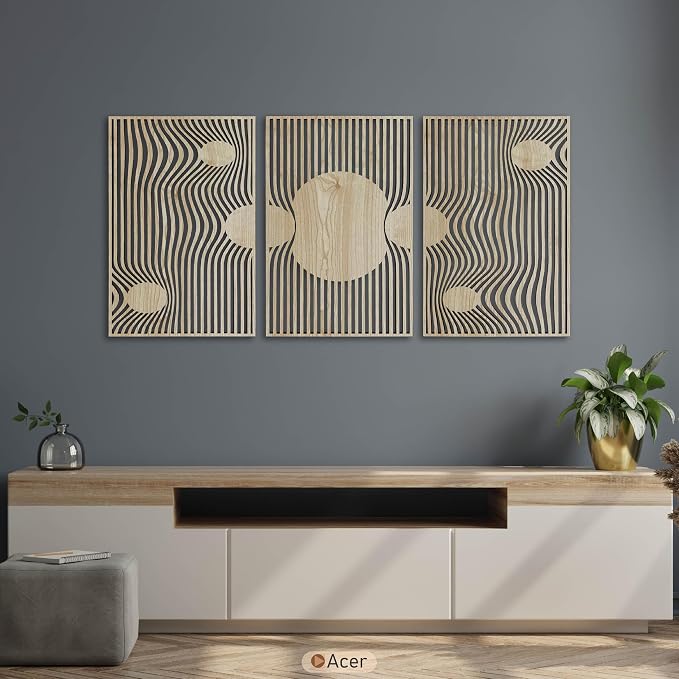 Mid Century Modern Celestial Gravity Wood Wall Art, Boho Solar Geometry Wood Wall Decor, Abstract Set of 3 Wall Hangings, Home Gift for Living Room and Bedroom