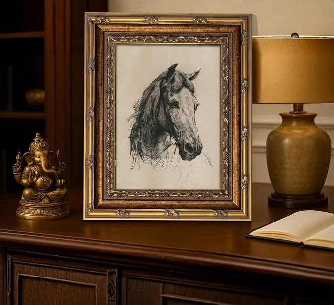 Vintage Gold Framed Horse Sketch Canvas Wall Art Retro Horse Wall Decor Vintage Farmhouse Animals Sketch Print Artwork Retro Rustic painting Picture for Farmhouse Bedroom Living Room 12X16in