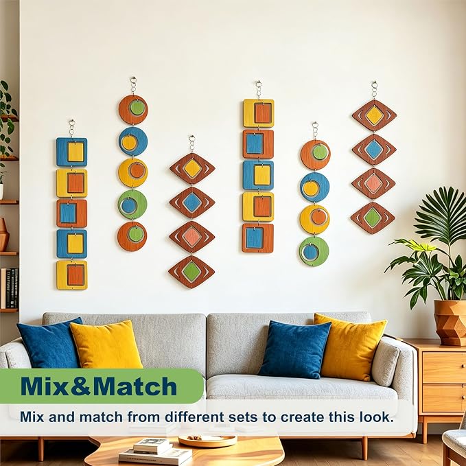 MidModArt 16PCS Retro Mid Century Modern Wall Art MCM Decor for Living Room Bedroom Kitchen Study, MCM Retro Diamond 8.8"x52.2"
