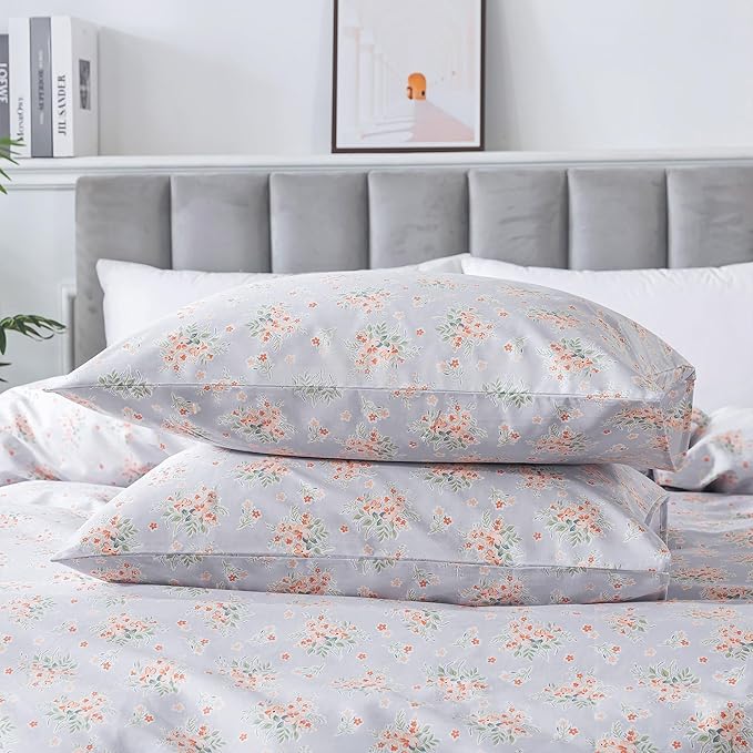 HoneiLife Wildflower Duvet Cover Queen - 100% Cotton Comforter Cover Sets, 3-PC Floral Duvet Cover Sets, Botanical Bedlinen Set with Zipper Closure & Corner Ties