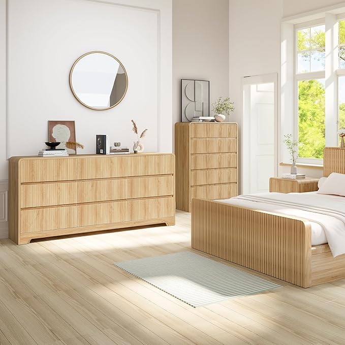 BERRYMERRY 5 Drawer Dresser for Bedroom,Flute 45" Tall Dresser with Curved Profile, Mid Century Modern Vertical Wood Drawer Organizer for Bedroom Living Room