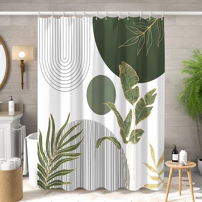 Mid Century Boho Shower Curtain, Abstract Modern Sun Minimalist Aesthetic Shower Curtain, Bohemian Geometric Arch Curve Leaves Neutral Art Fabric Bathroom Curtains Sage Green 48x72 inch